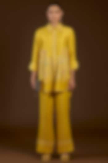 Mustard Linen Satin Floral Embroidered Co-Ord Set by I AM DESIGN at Pernia's Pop Up Shop