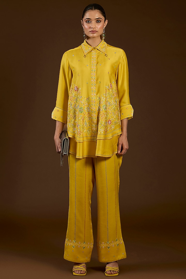 Mustard Linen Satin Floral Embroidered Co-Ord Set by I AM DESIGN at Pernia's Pop Up Shop