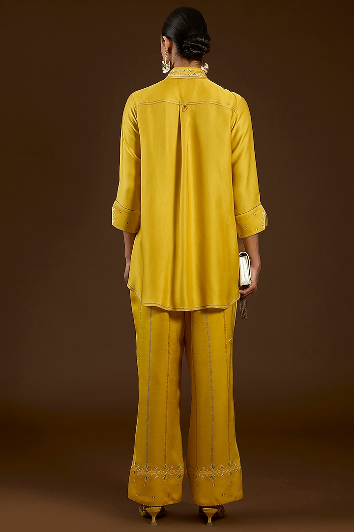 Mustard Linen Satin Floral Embroidered Co-Ord Set by I AM DESIGN at Pernia's Pop Up Shop