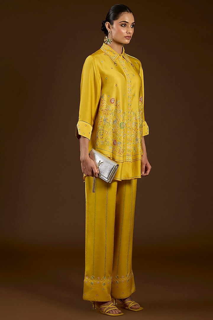 Mustard Linen Satin Floral Embroidered Co-Ord Set by I AM DESIGN at Pernia's Pop Up Shop