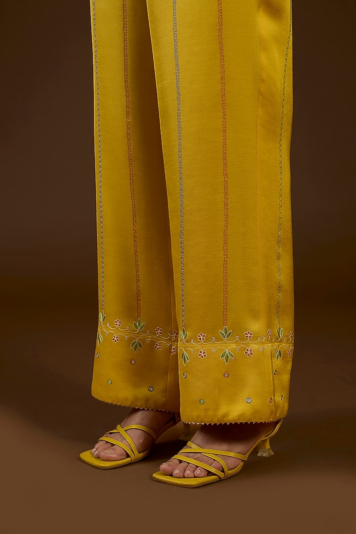 Mustard Linen Satin Floral Embroidered Co-Ord Set by I AM DESIGN at Pernia's Pop Up Shop