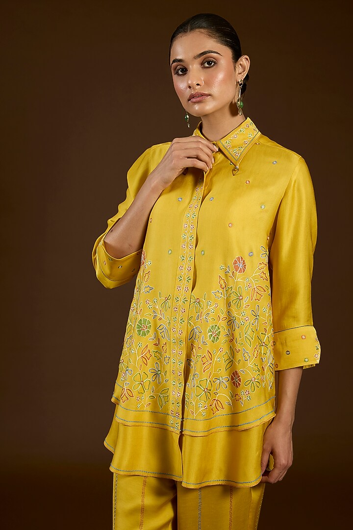 Mustard Linen Satin Floral Embroidered Co-Ord Set by I AM DESIGN at Pernia's Pop Up Shop