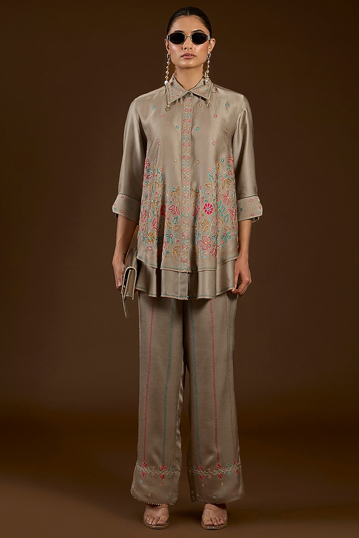 Grey Linen Satin Floral Embroidered Co-Ord Set by I AM DESIGN at Pernia's Pop Up Shop