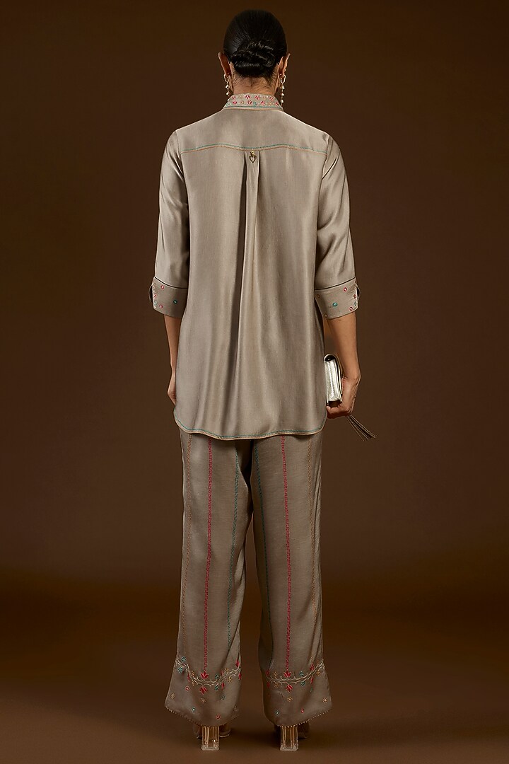 Grey Linen Satin Floral Embroidered Co-Ord Set by I AM DESIGN at Pernia's Pop Up Shop