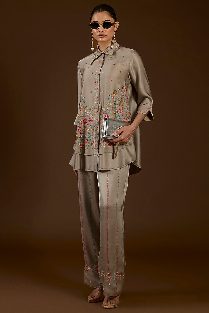 Grey Linen Satin Floral Embroidered Co-Ord Set by I AM DESIGN at Pernia's Pop Up Shop