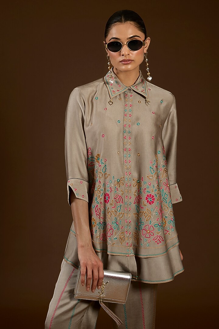 Grey Linen Satin Floral Embroidered Co-Ord Set by I AM DESIGN at Pernia's Pop Up Shop