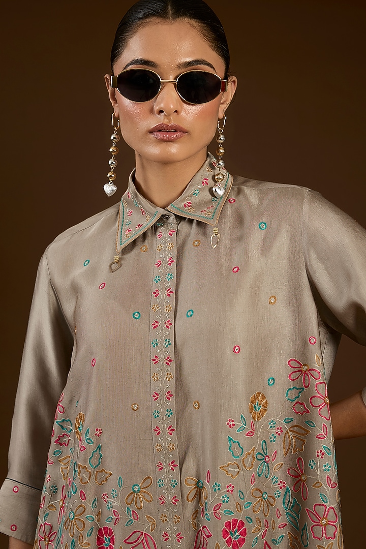 Grey Linen Satin Floral Embroidered Co-Ord Set by I AM DESIGN at Pernia's Pop Up Shop