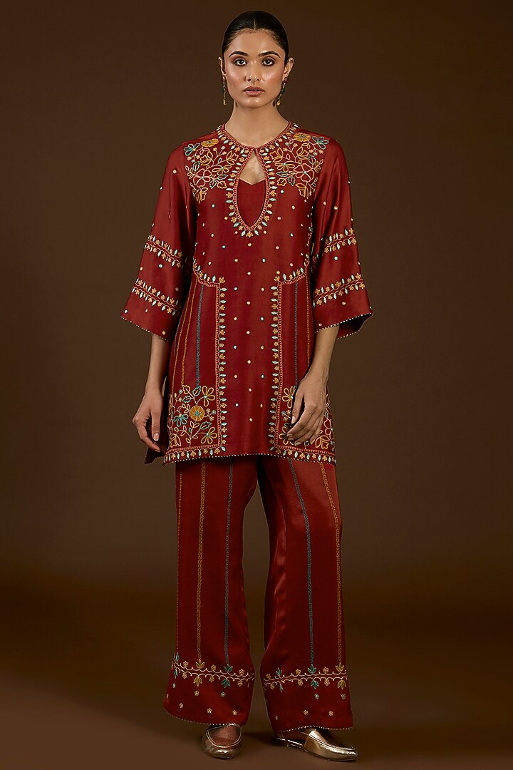 Rust Linen Satin Floral Embroidered Co-Ord Set by I AM DESIGN at Pernia's Pop Up Shop