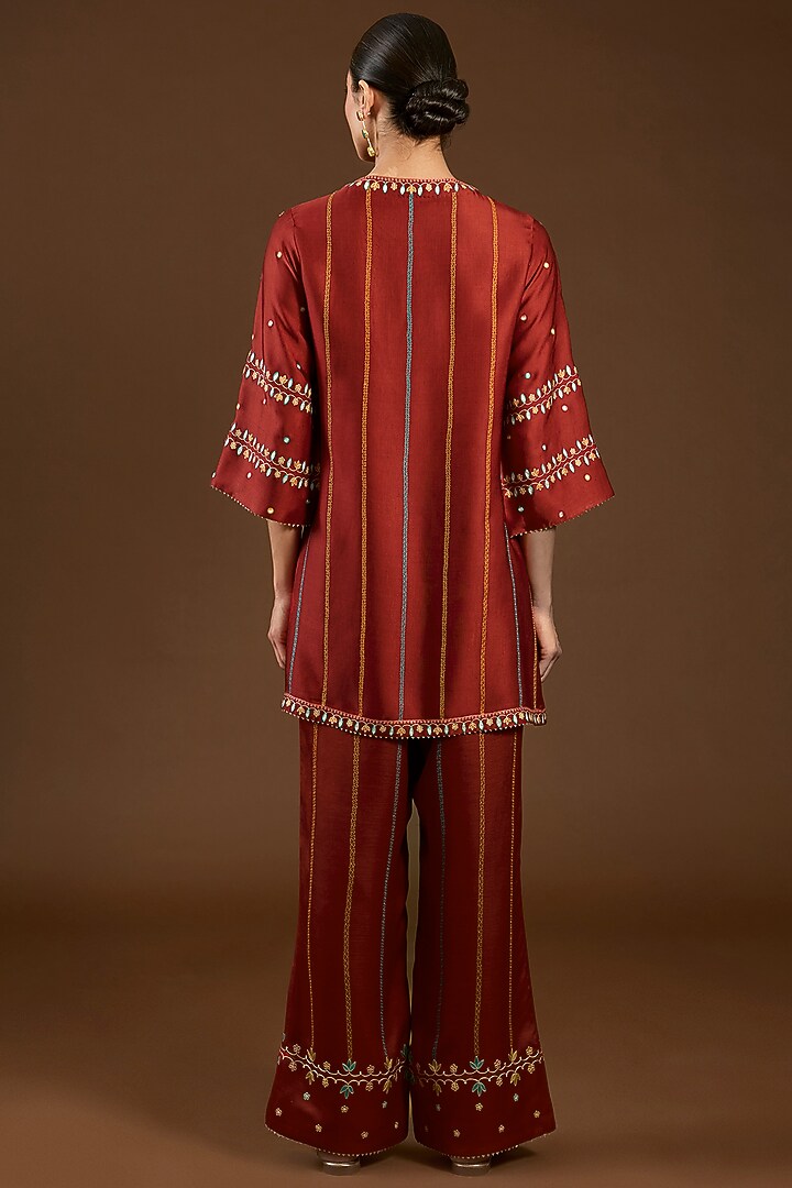 Rust Linen Satin Floral Embroidered Co-Ord Set by I AM DESIGN at Pernia's Pop Up Shop
