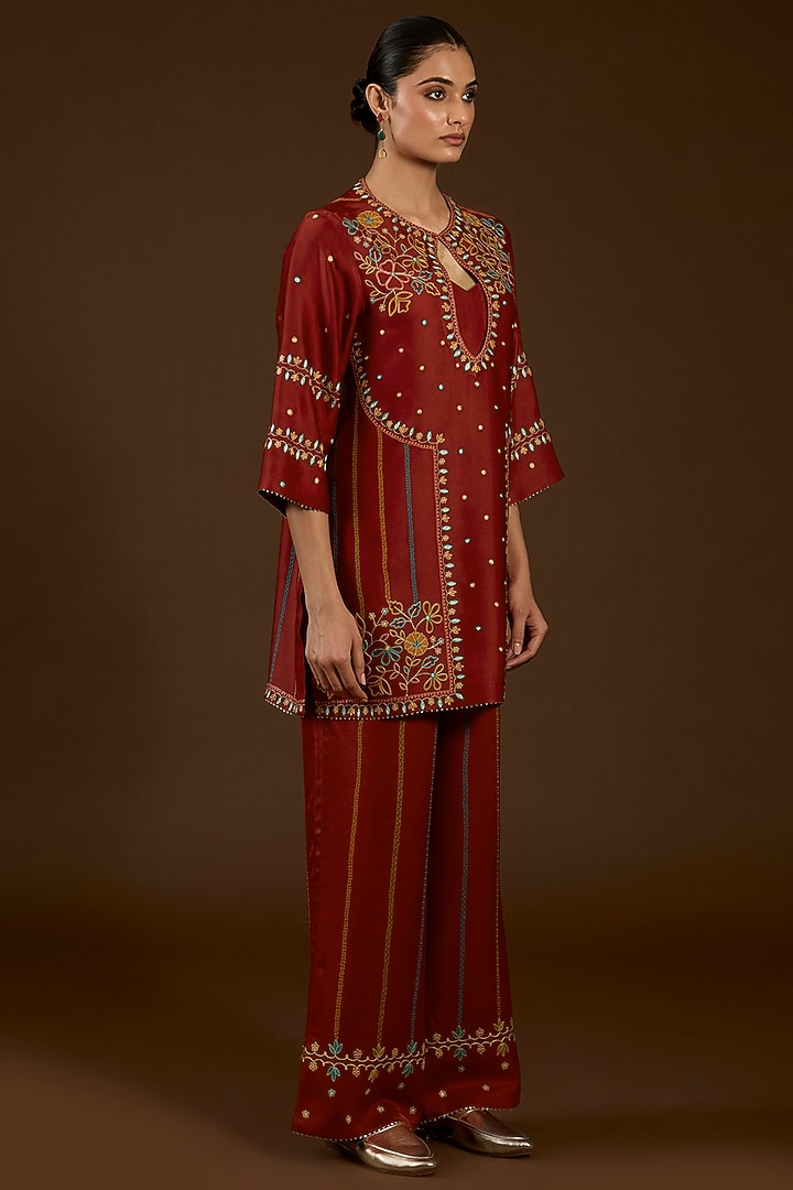 Rust Linen Satin Floral Embroidered Co-Ord Set by I AM DESIGN at Pernia's Pop Up Shop