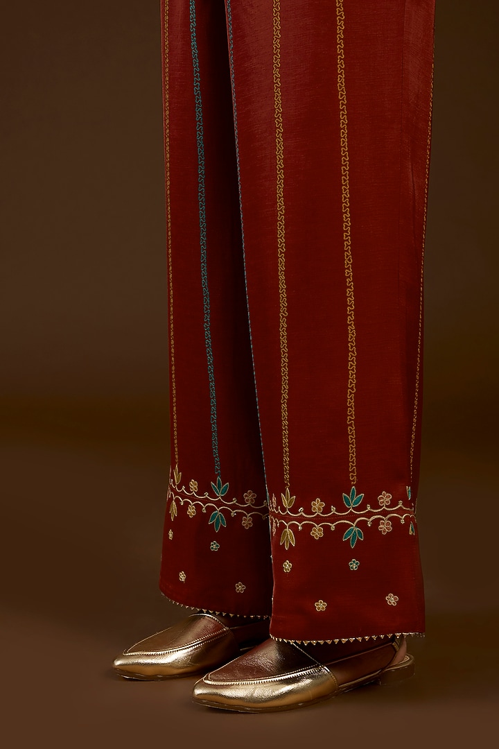 Rust Linen Satin Floral Embroidered Co-Ord Set by I AM DESIGN at Pernia's Pop Up Shop