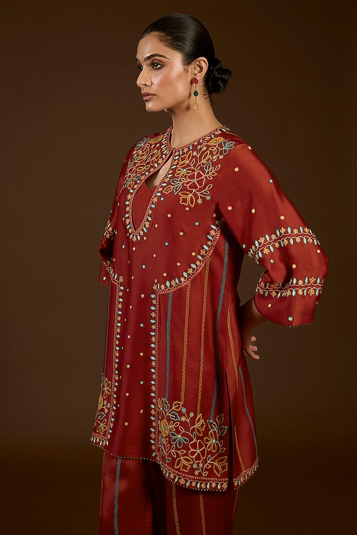 Rust Linen Satin Floral Embroidered Co-Ord Set by I AM DESIGN at Pernia's Pop Up Shop