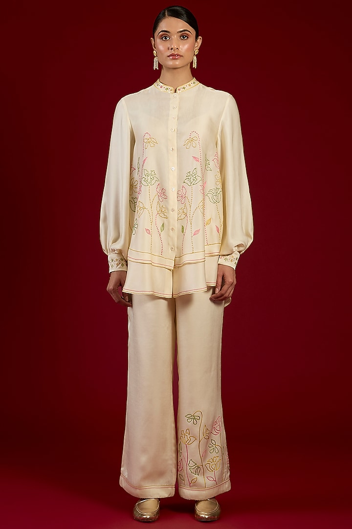 Ivory Linen Satin Floral Embroidered Co-Ord Set by I AM DESIGN at Pernia's Pop Up Shop