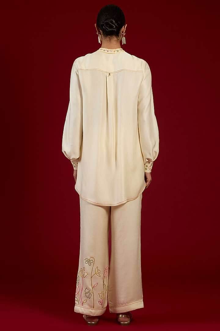 Ivory Linen Satin Floral Embroidered Co-Ord Set by I AM DESIGN at Pernia's Pop Up Shop