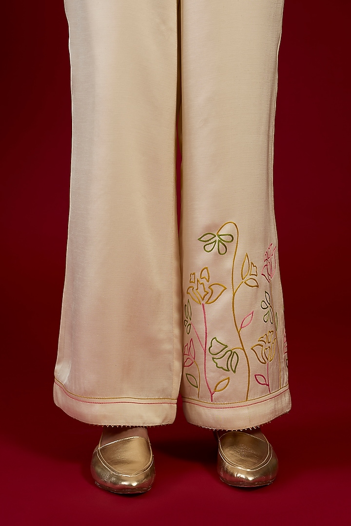 Ivory Linen Satin Floral Embroidered Co-Ord Set by I AM DESIGN at Pernia's Pop Up Shop