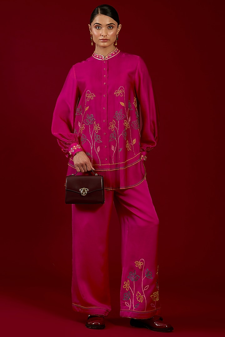 Hot Pink Linen Satin Floral Embroidered Co-Ord Set by I AM DESIGN at Pernia's Pop Up Shop