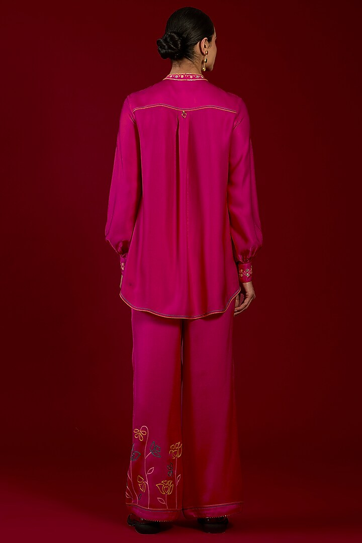 Hot Pink Linen Satin Floral Embroidered Co-Ord Set by I AM DESIGN at Pernia's Pop Up Shop