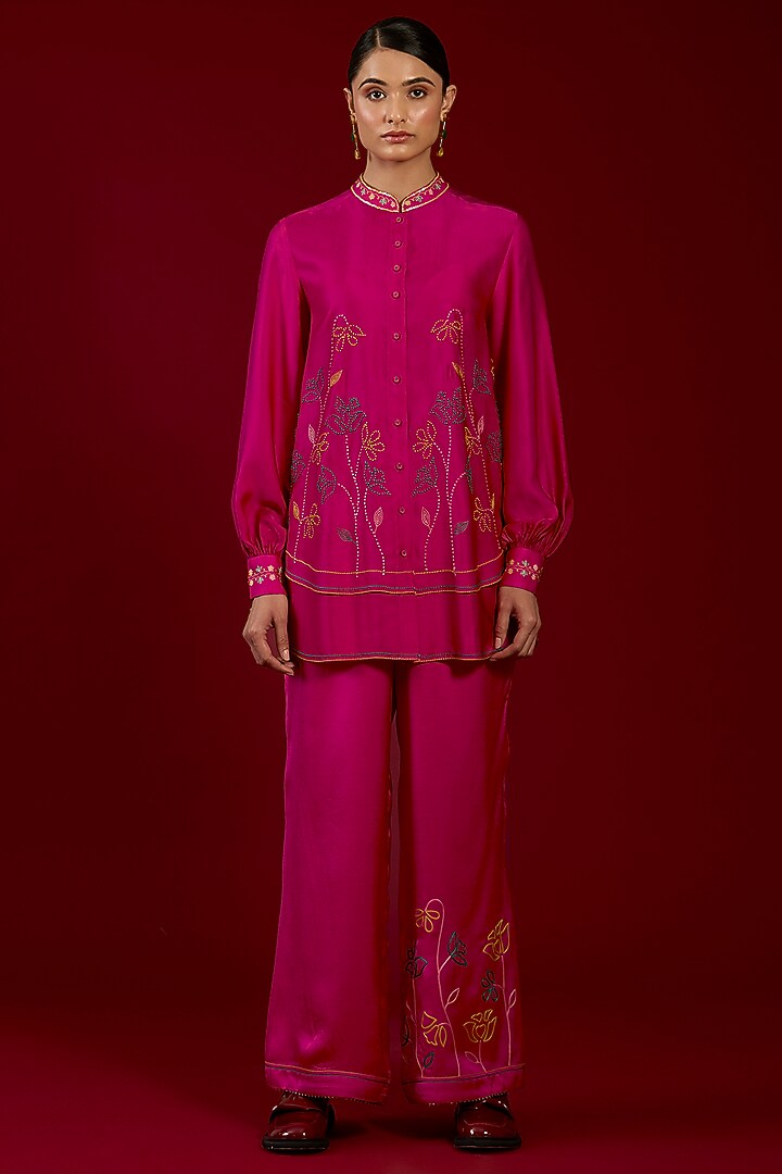 Hot Pink Linen Satin Floral Embroidered Co-Ord Set by I AM DESIGN at Pernia's Pop Up Shop