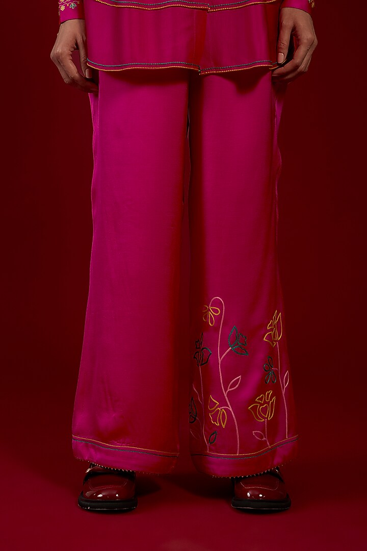 Hot Pink Linen Satin Floral Embroidered Co-Ord Set by I AM DESIGN at Pernia's Pop Up Shop