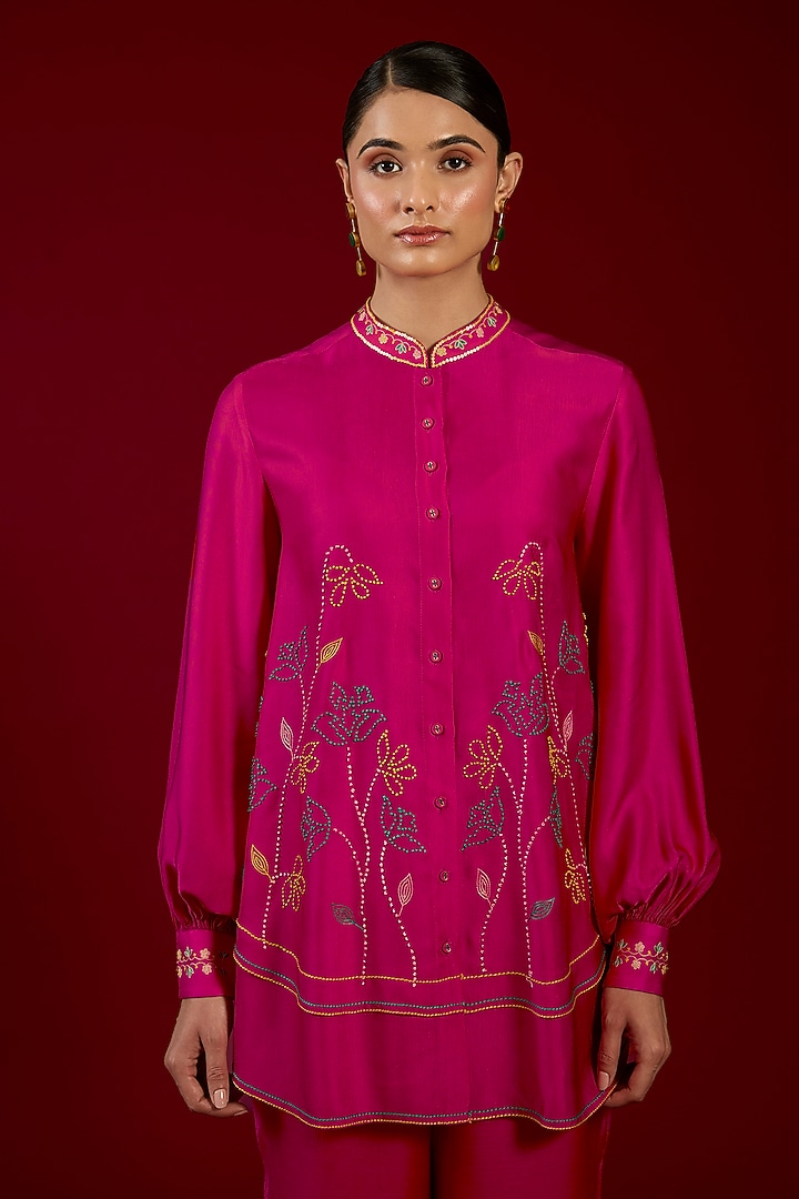 Hot Pink Linen Satin Floral Embroidered Co-Ord Set by I AM DESIGN at Pernia's Pop Up Shop