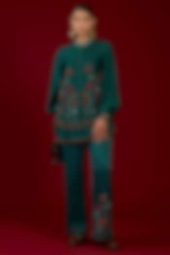 Turquoise Linen Satin Floral Embroidered Co-Ord Set by I AM DESIGN at Pernia's Pop Up Shop