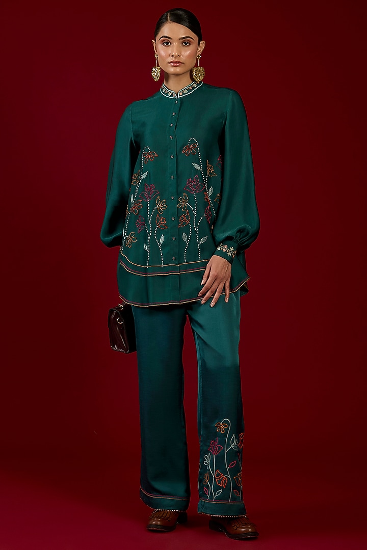 Turquoise Linen Satin Floral Embroidered Co-Ord Set by I AM DESIGN at Pernia's Pop Up Shop