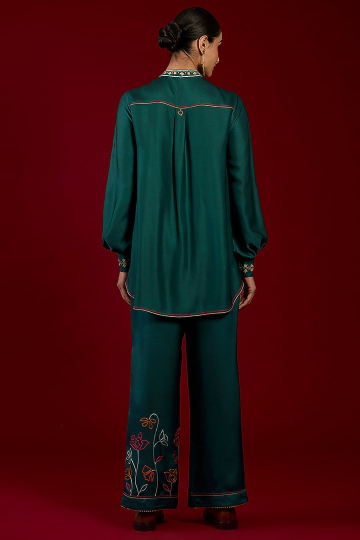 Turquoise Linen Satin Floral Embroidered Co-Ord Set by I AM DESIGN at Pernia's Pop Up Shop