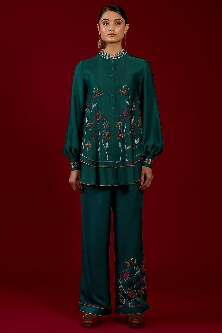 Turquoise Linen Satin Floral Embroidered Co-Ord Set by I AM DESIGN at Pernia's Pop Up Shop