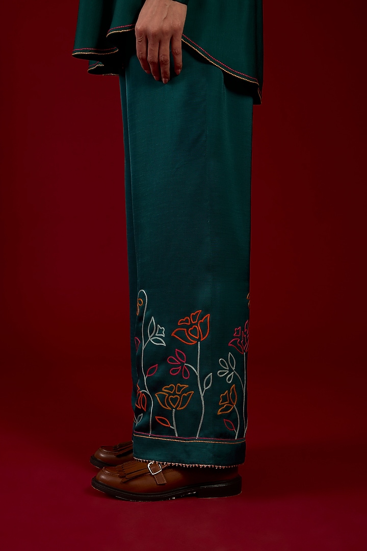 Turquoise Linen Satin Floral Embroidered Co-Ord Set by I AM DESIGN at Pernia's Pop Up Shop