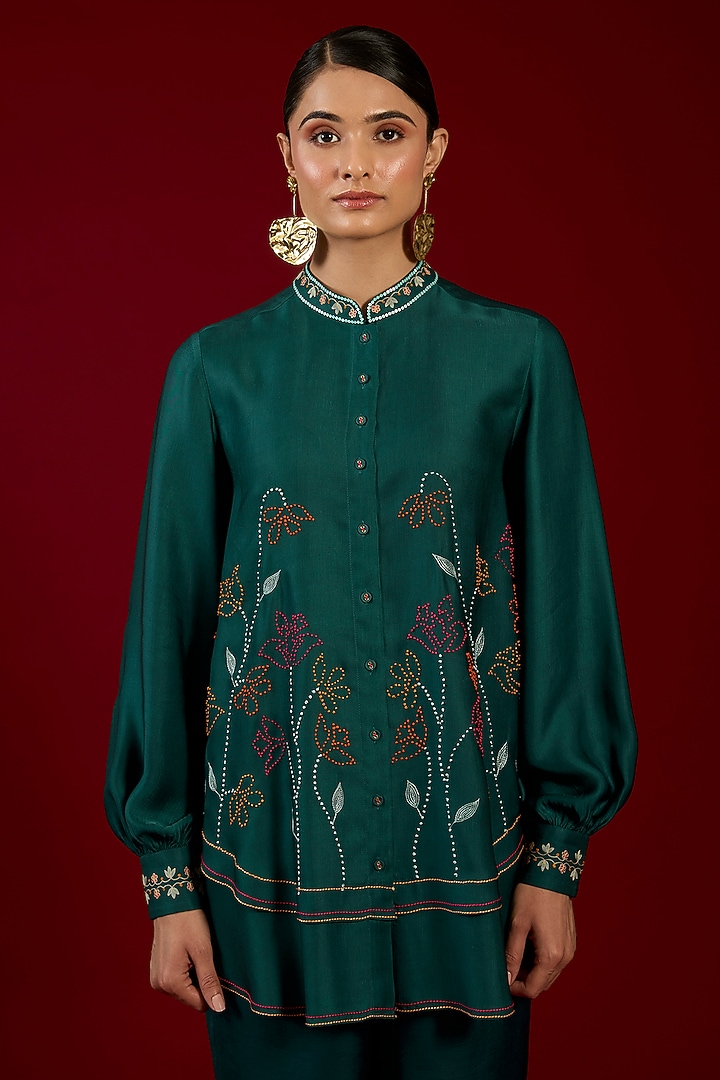 Turquoise Linen Satin Floral Embroidered Co-Ord Set by I AM DESIGN at Pernia's Pop Up Shop