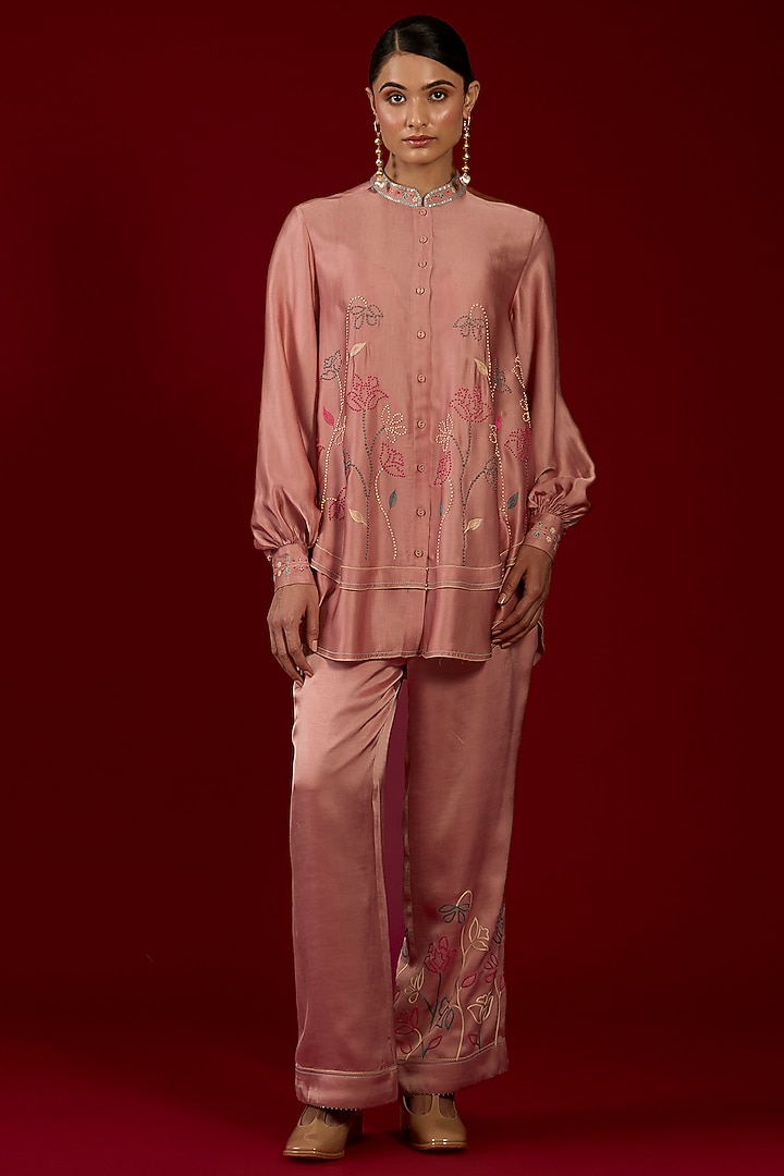 Onion Pink Linen Satin Floral Embroidered Co-Ord Set by I AM DESIGN at Pernia's Pop Up Shop