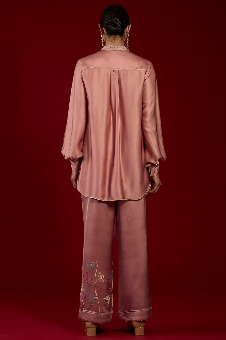 Onion Pink Linen Satin Floral Embroidered Co-Ord Set by I AM DESIGN at Pernia's Pop Up Shop