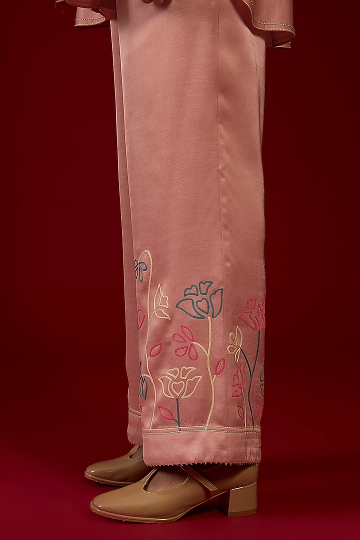 Onion Pink Linen Satin Floral Embroidered Co-Ord Set by I AM DESIGN at Pernia's Pop Up Shop