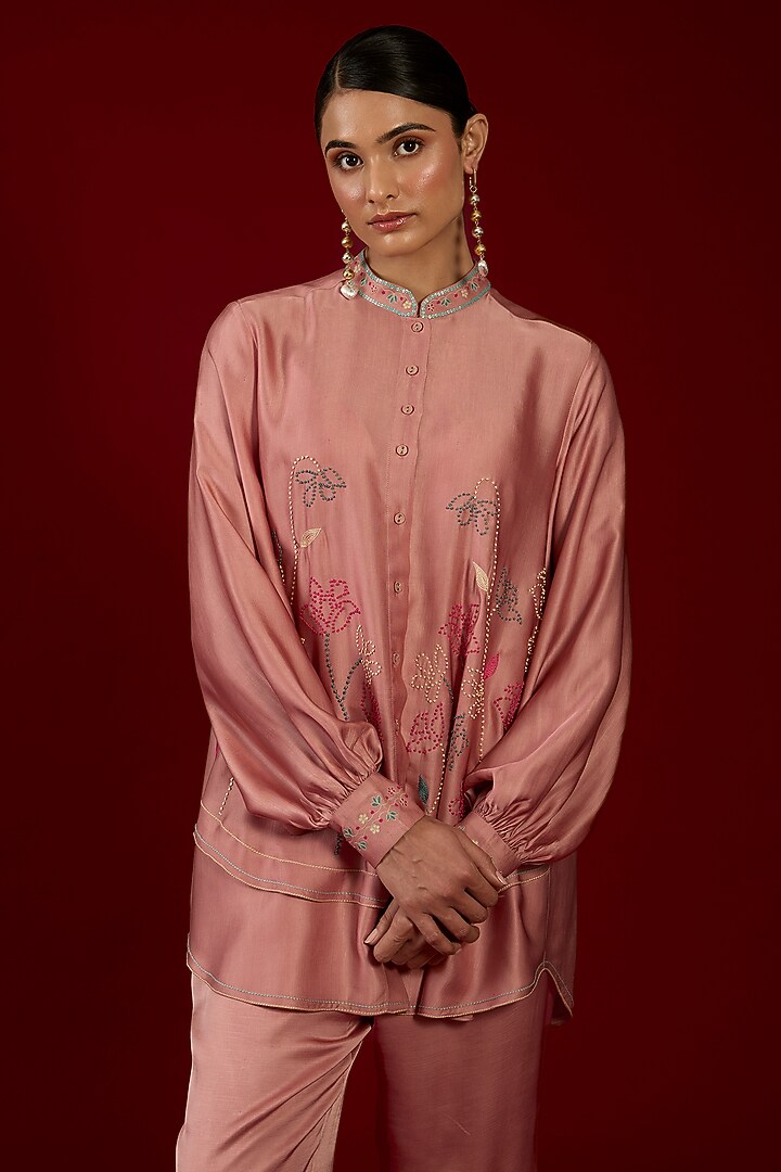 Onion Pink Linen Satin Floral Embroidered Co-Ord Set by I AM DESIGN at Pernia's Pop Up Shop