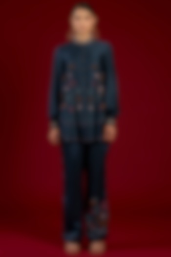 Blue Linen Satin Floral Embroidered Co-Ord Set by I AM DESIGN at Pernia's Pop Up Shop