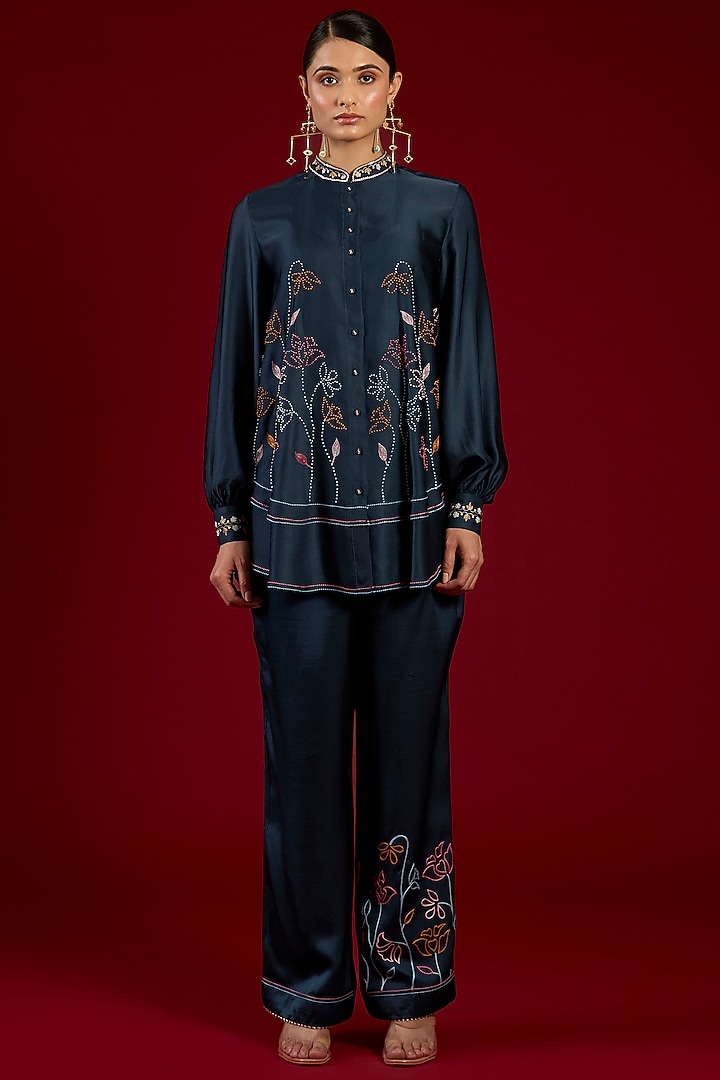 Blue Linen Satin Floral Embroidered Co-Ord Set by I AM DESIGN at Pernia's Pop Up Shop