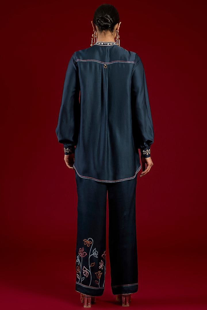 Blue Linen Satin Floral Embroidered Co-Ord Set by I AM DESIGN at Pernia's Pop Up Shop