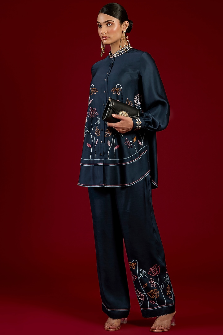 Blue Linen Satin Floral Embroidered Co-Ord Set by I AM DESIGN at Pernia's Pop Up Shop