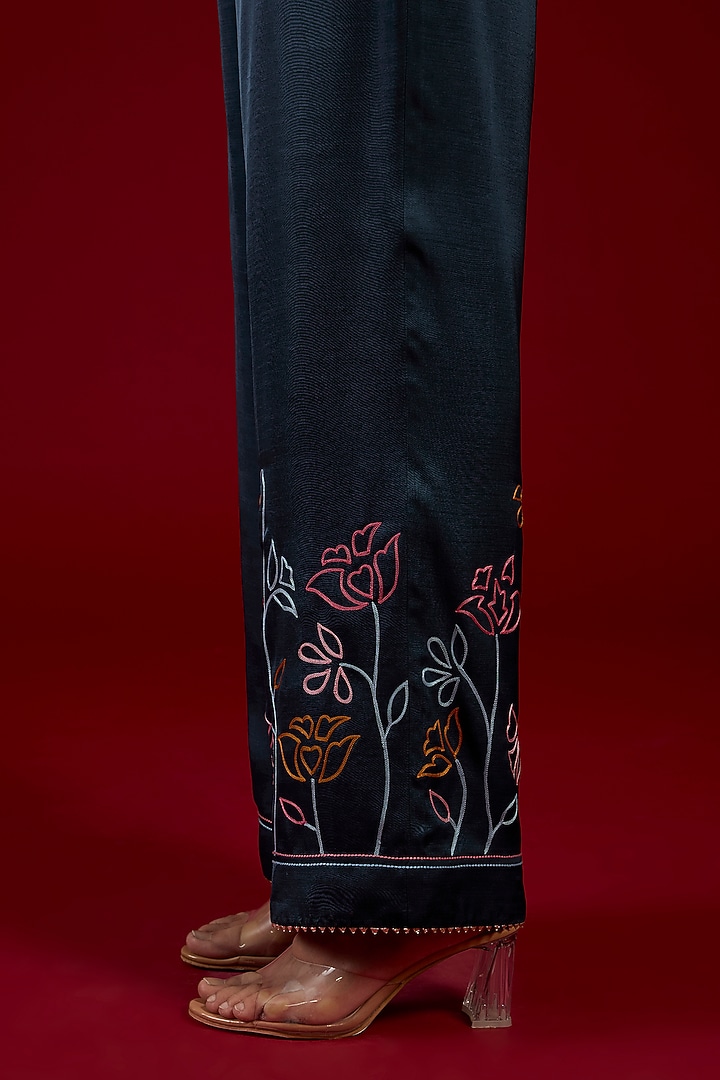 Blue Linen Satin Floral Embroidered Co-Ord Set by I AM DESIGN at Pernia's Pop Up Shop