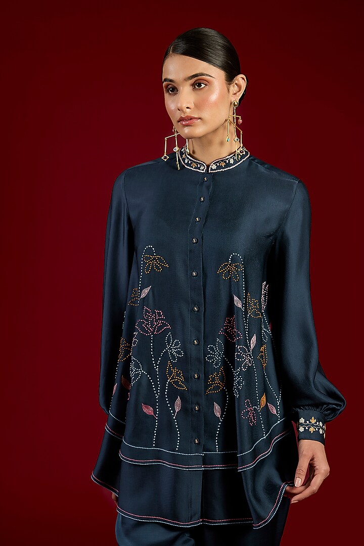Blue Linen Satin Floral Embroidered Co-Ord Set by I AM DESIGN at Pernia's Pop Up Shop