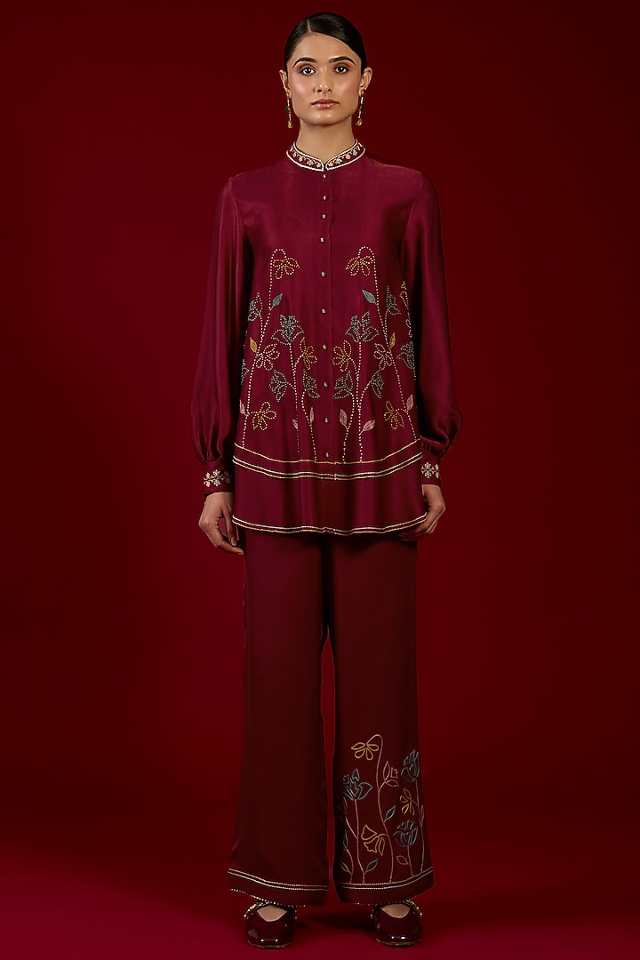 Blood Red Linen Satin Floral Embroidered Co-Ord Set by I AM DESIGN at Pernia's Pop Up Shop