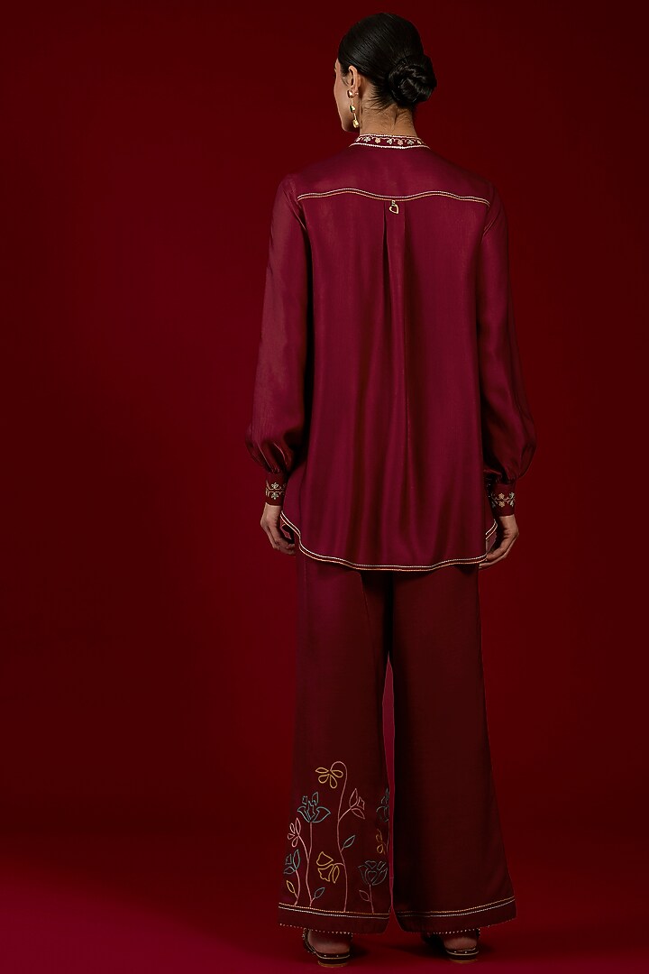 Blood Red Linen Satin Floral Embroidered Co-Ord Set by I AM DESIGN at Pernia's Pop Up Shop