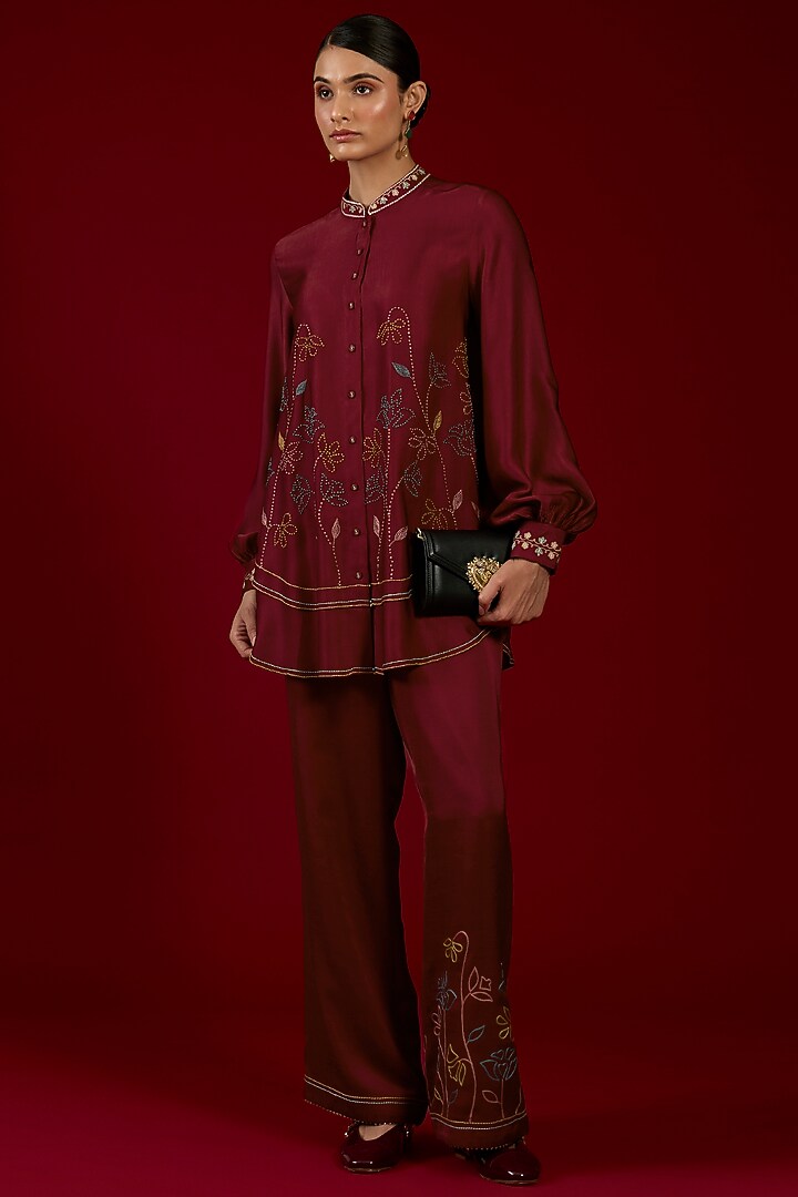 Blood Red Linen Satin Floral Embroidered Co-Ord Set by I AM DESIGN at Pernia's Pop Up Shop
