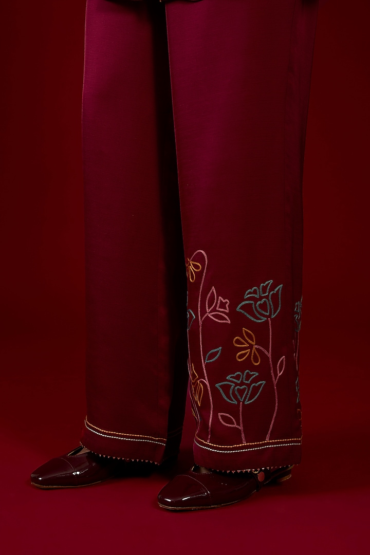 Blood Red Linen Satin Floral Embroidered Co-Ord Set by I AM DESIGN at Pernia's Pop Up Shop