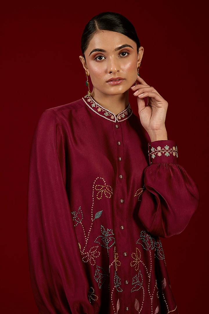 Blood Red Linen Satin Floral Embroidered Co-Ord Set by I AM DESIGN at Pernia's Pop Up Shop