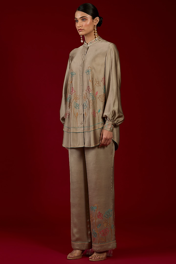 Grey Linen Satin Floral Embroidered Co-Ord Set by I AM DESIGN at Pernia's Pop Up Shop