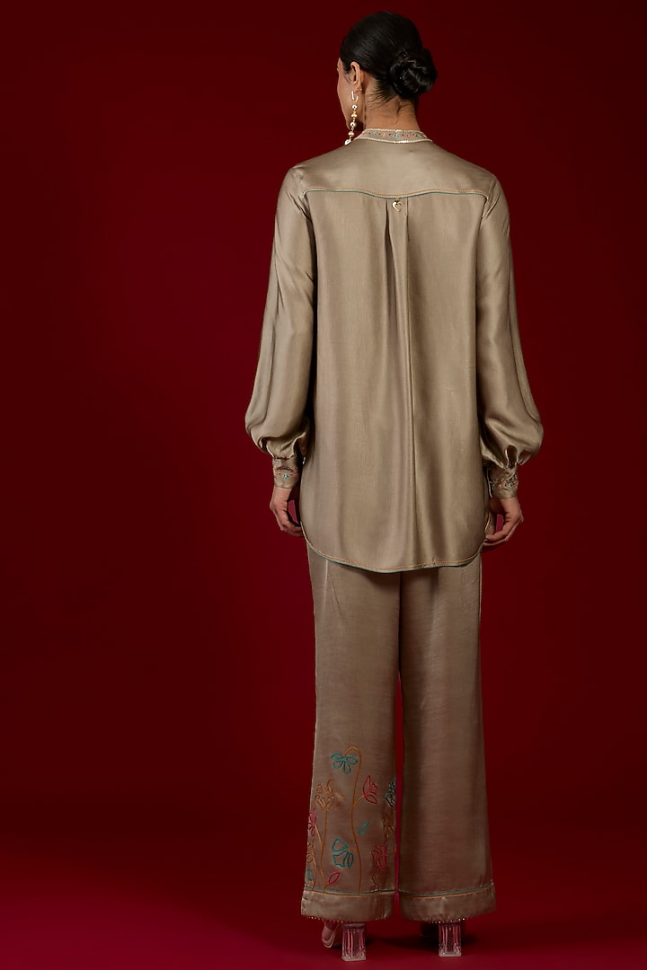 Grey Linen Satin Floral Embroidered Co-Ord Set by I AM DESIGN at Pernia's Pop Up Shop