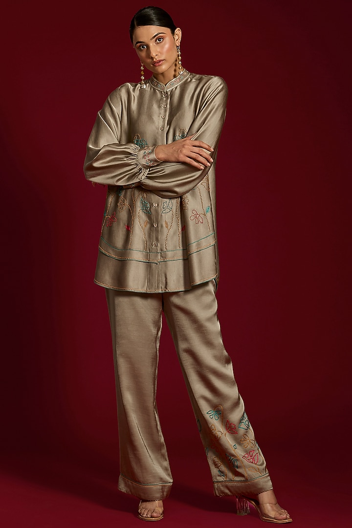 Grey Linen Satin Floral Embroidered Co-Ord Set by I AM DESIGN at Pernia's Pop Up Shop