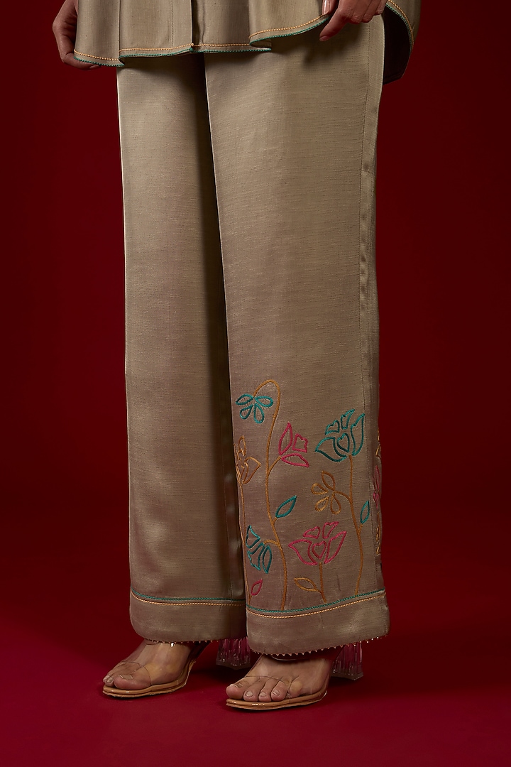 Grey Linen Satin Floral Embroidered Co-Ord Set by I AM DESIGN at Pernia's Pop Up Shop