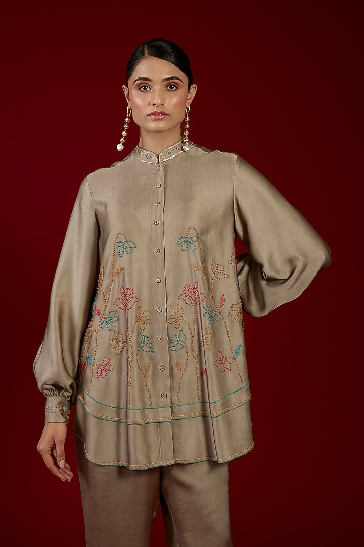 Grey Linen Satin Floral Embroidered Co-Ord Set by I AM DESIGN at Pernia's Pop Up Shop